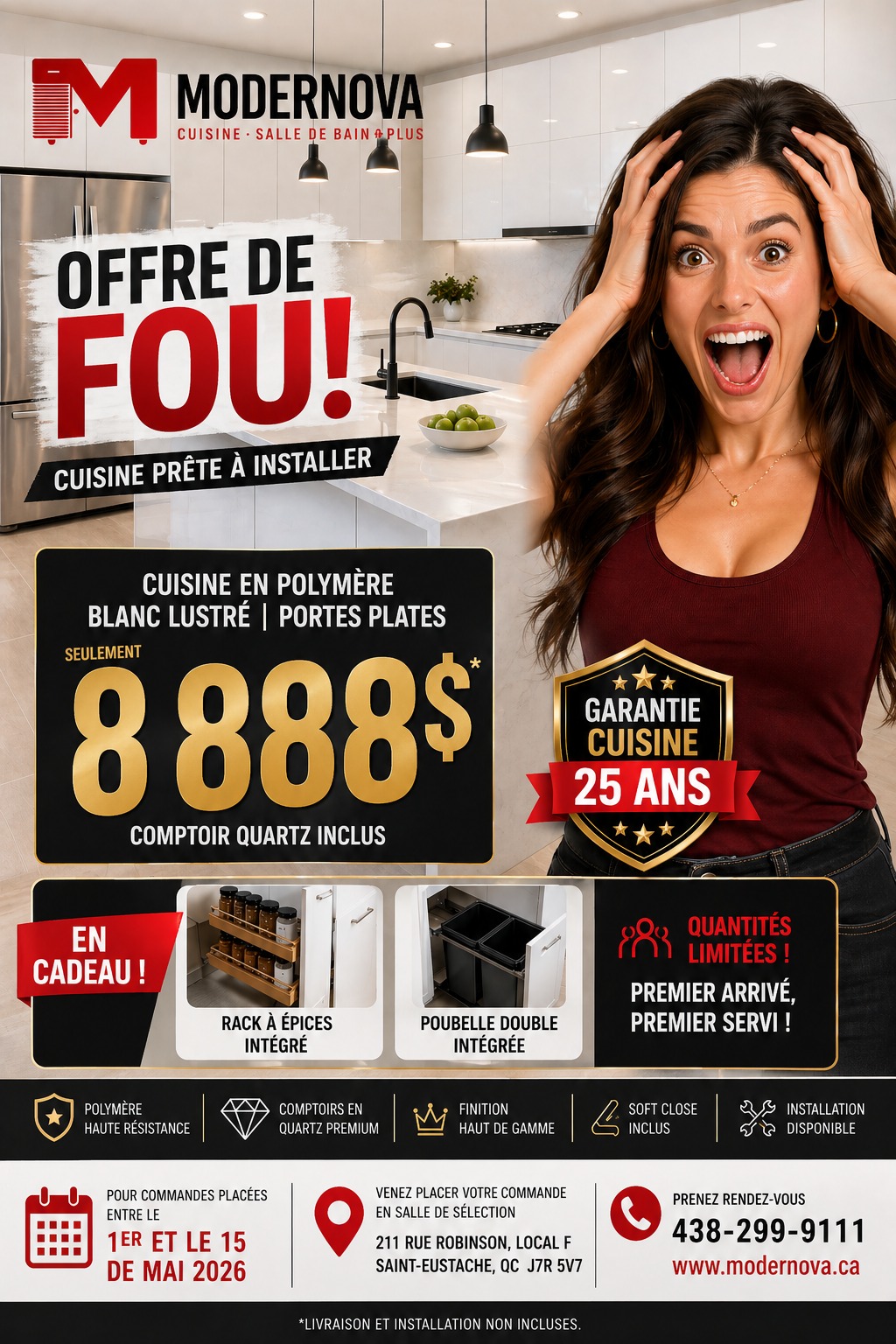 Offre de fou - Cuisine en polymère blanc lustré 8 888$